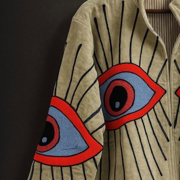 Deer Ruby Embroidered Velvet Collared Jacket - Tan with Multi Eye - O/S - Picture 3 of 6